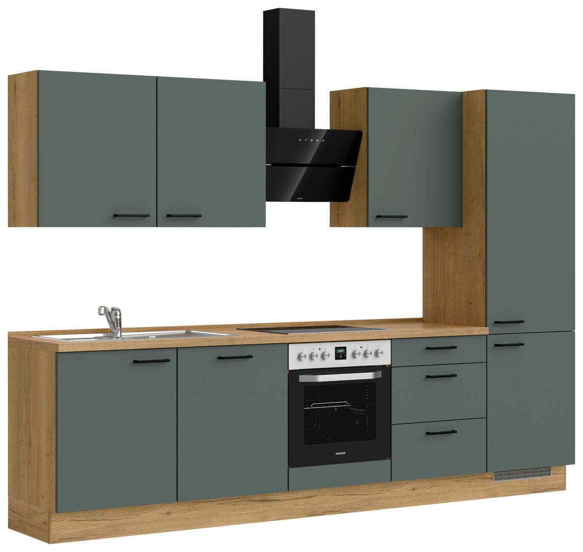 KÜCHENBLOCK 300 cm   in Eichefarben, Dunkelgrün  - Dunkelgrün/Eichefarben, MODERN, Holzwerkstoff/Metall (300cm) - Nobilia