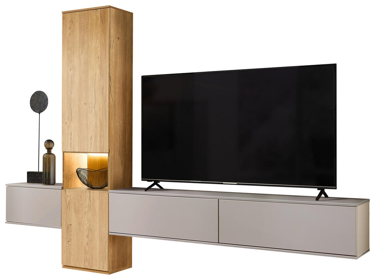 WOHNWAND  in Grau, Eichefarben  285/215/40 cm  - Eichefarben/Schwarz, KONVENTIONELL, Glas/Holzwerkstoff (285/215/40cm) - Venda