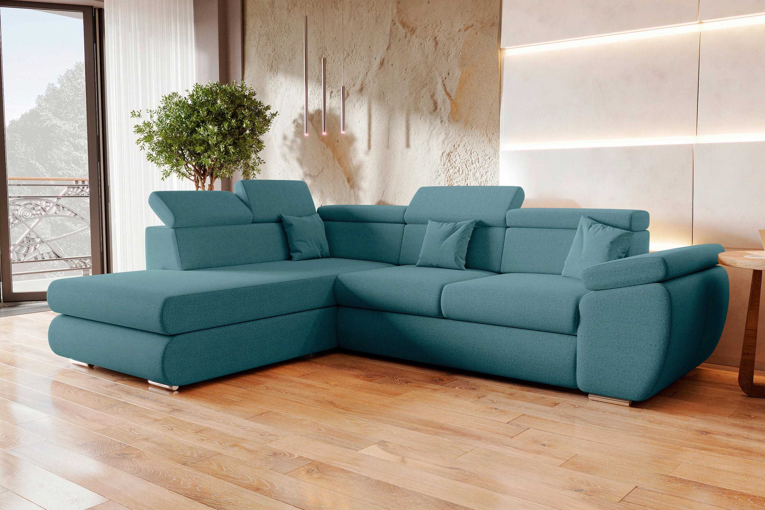 ECKSOFA Petrol Struktur  - Chromfarben/Petrol, KONVENTIONELL, Kunststoff/Textil (205/282cm) - Carryhome