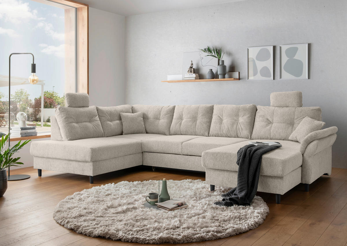 WOHNLANDSCHAFT in Chenille Beige  - Beige/Schwarz, Modern, Holz/Textil (206/338/176cm) - Livetastic