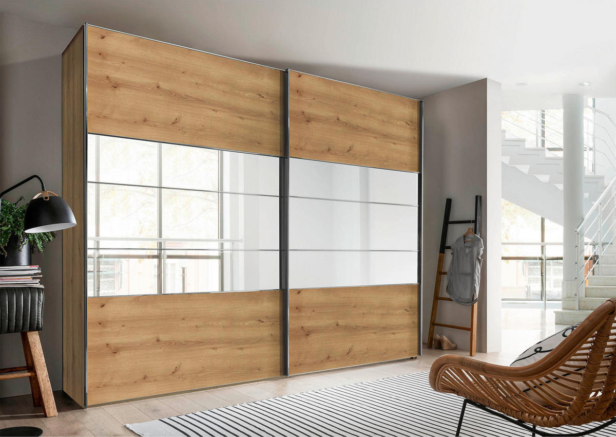 SCHWEBETÜRENSCHRANK 300/236/67 cm 2-türig Eiche Bianco  - Chromfarben/Eiche Bianco, KONVENTIONELL, Holzwerkstoff (300/236/67cm) - Voleo