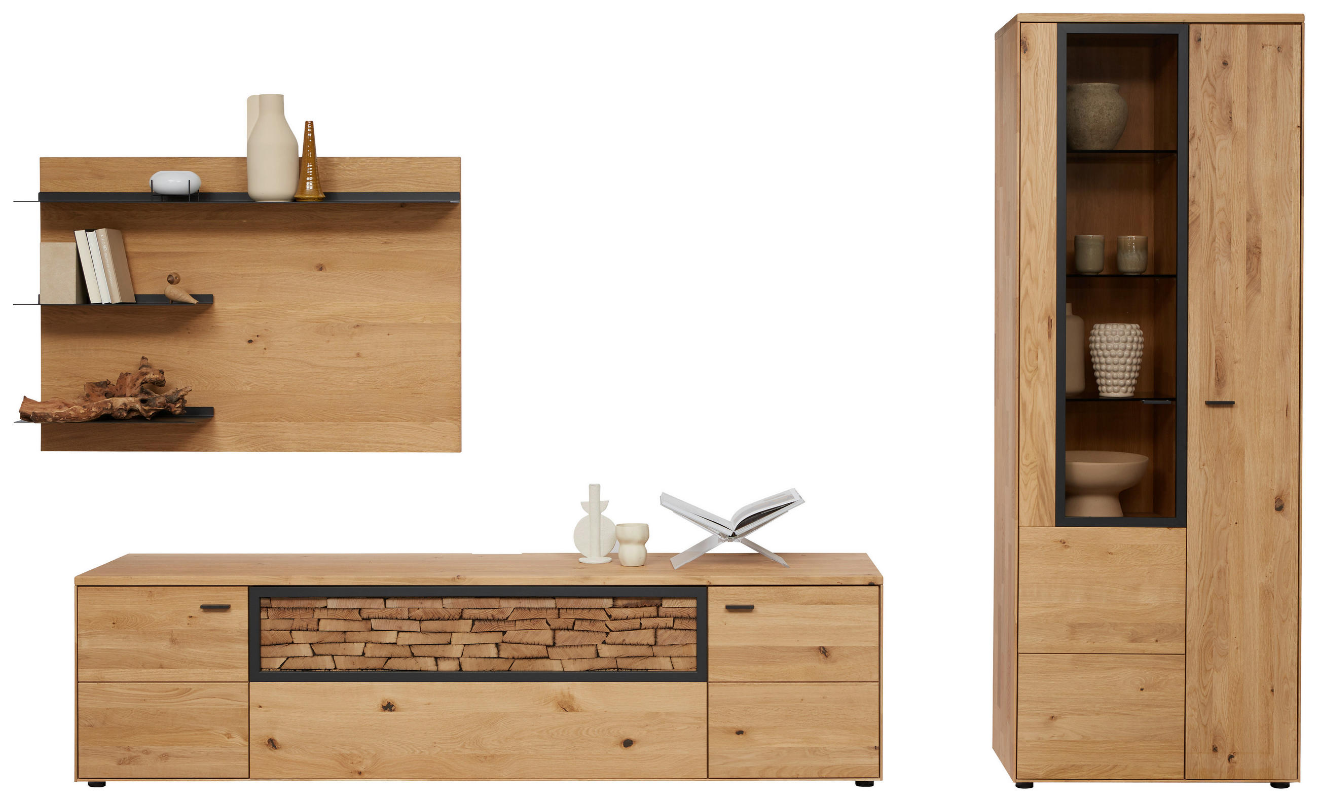 WOHNWAND  in Wildeiche  328,8/207,2/45,2 cm    - Wildeiche/Graphitfarben, Natur, Glas/Holz (328,8/207,2/45,2cm) - Valnatura