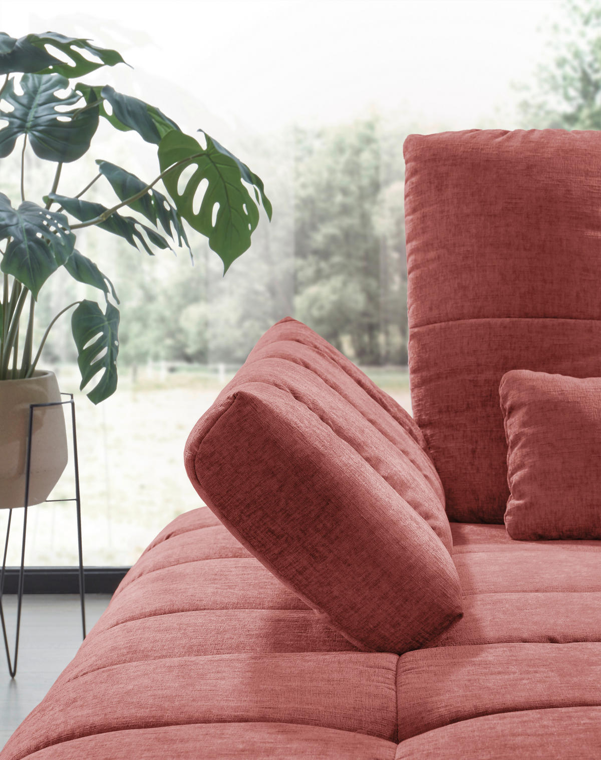 ECKSOFA Weinrot Flachgewebe Rücken echt, Sitztiefenverstellung  - Weinrot/Schwarz, KONVENTIONELL, Textil/Metall (211/273cm) - SetOne by Musterring