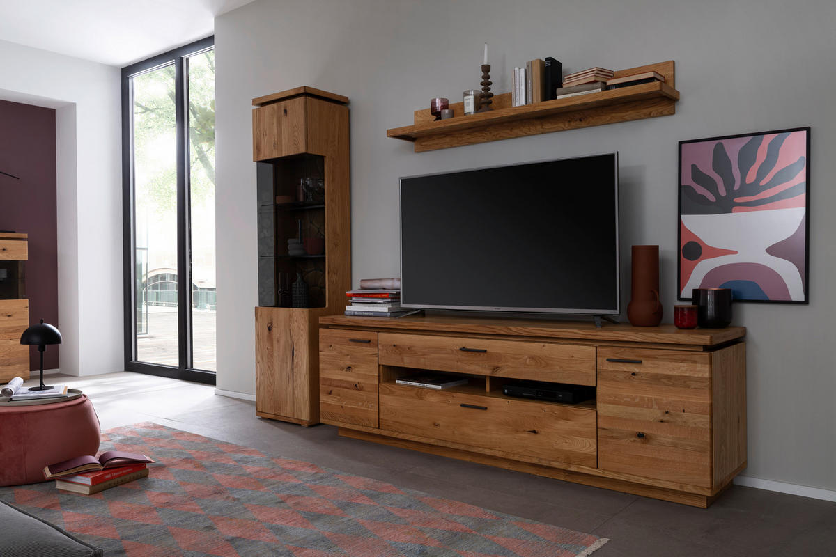 WOHNWAND 3-teilig  in Grau, Eichefarben 275/204/50 cm  - Eichefarben/Anthrazit, Natur, Glas/Holz (275/204/50cm) - Linea Natura