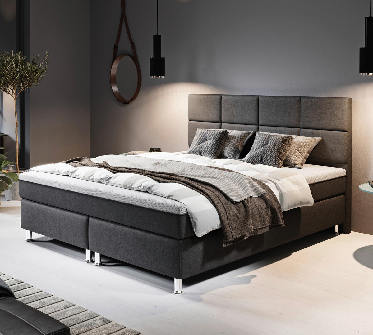 BOXSPRINGBETT 180/200 cm  in Anthrazit  - Anthrazit/Silberfarben, KONVENTIONELL, Textil/Metall (180/200cm) - MID.YOU