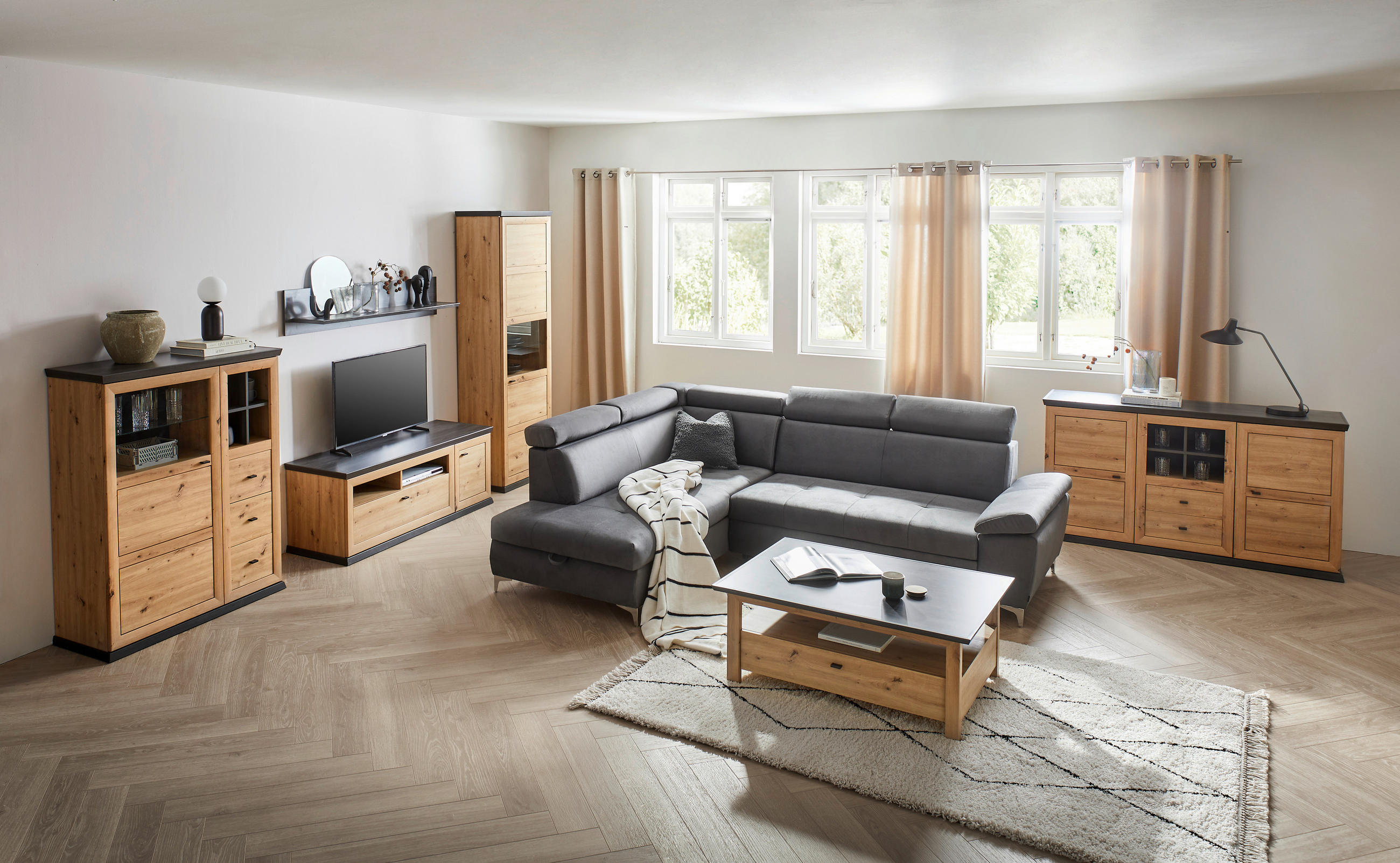 KOMODA POD TELEVIZI, tmavě šedá, dub artisan, 150/55,6/50 cm - černá/tmavě šedá, Basics, kov/kompozitní dřevo (150/55,6/50cm) - Hom`in
