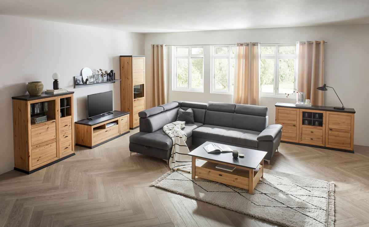 KOMODA POD TELEVIZI, tmavě šedá, dub artisan, 150/55,6/50 cm - černá/tmavě šedá, Basics, kov/kompozitní dřevo (150/55,6/50cm) - Hom`in