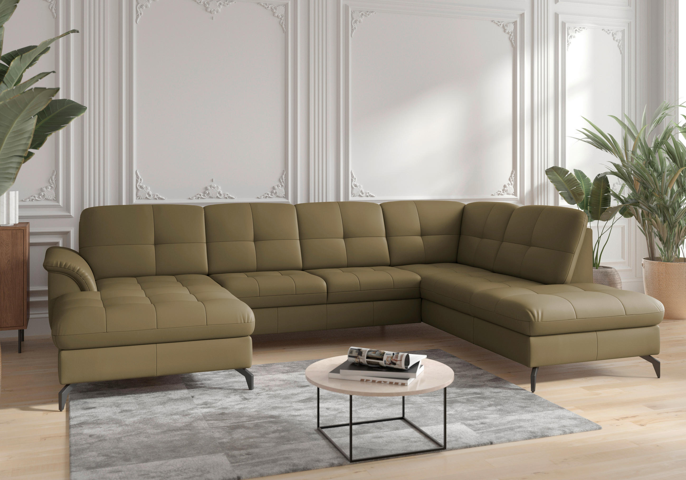 WOHNLANDSCHAFT Olivgrün Echtleder  - Schwarz/Olivgrün, MODERN, Leder/Metall (164/319/212cm) - Sit & More