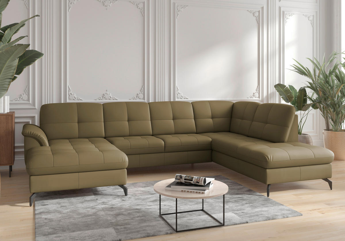 WOHNLANDSCHAFT in Vliesstoff Kombination Echtleder/Stoff Olivgrün  - Schwarz/Olivgrün, Modern, Leder/Textil (164/319/212cm) - Sit & More