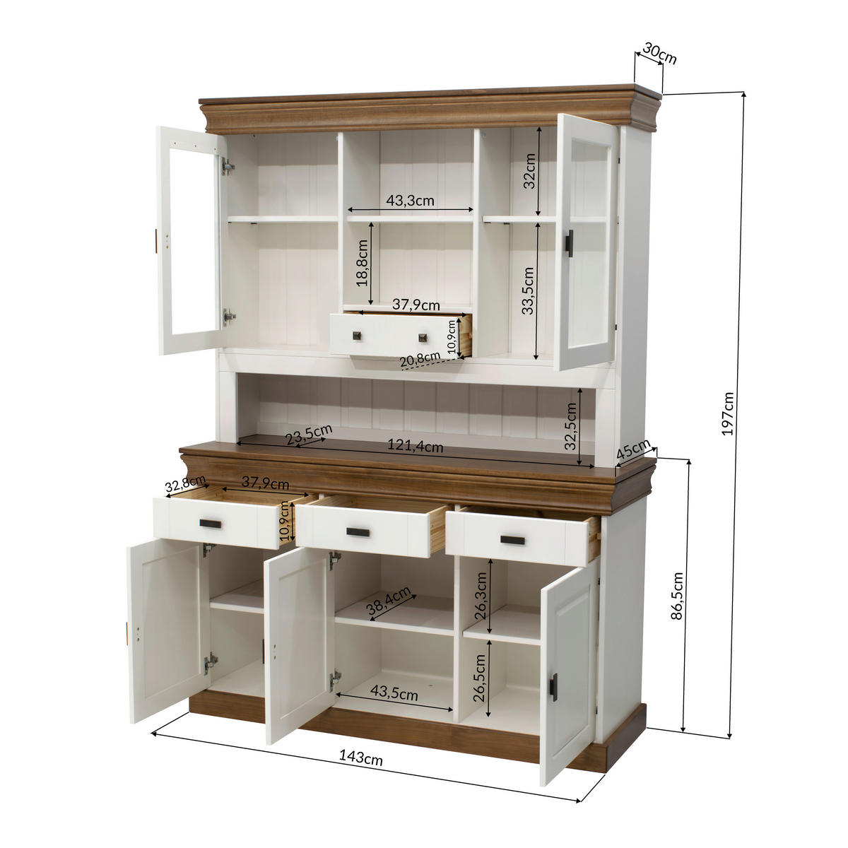 BUFFET 143/196,5/45 cm  in Weiß, Eiche dunkel  - Eiche dunkel/Weiß, MODERN, Glas/Holz (143/196,5/45cm) - MID.YOU