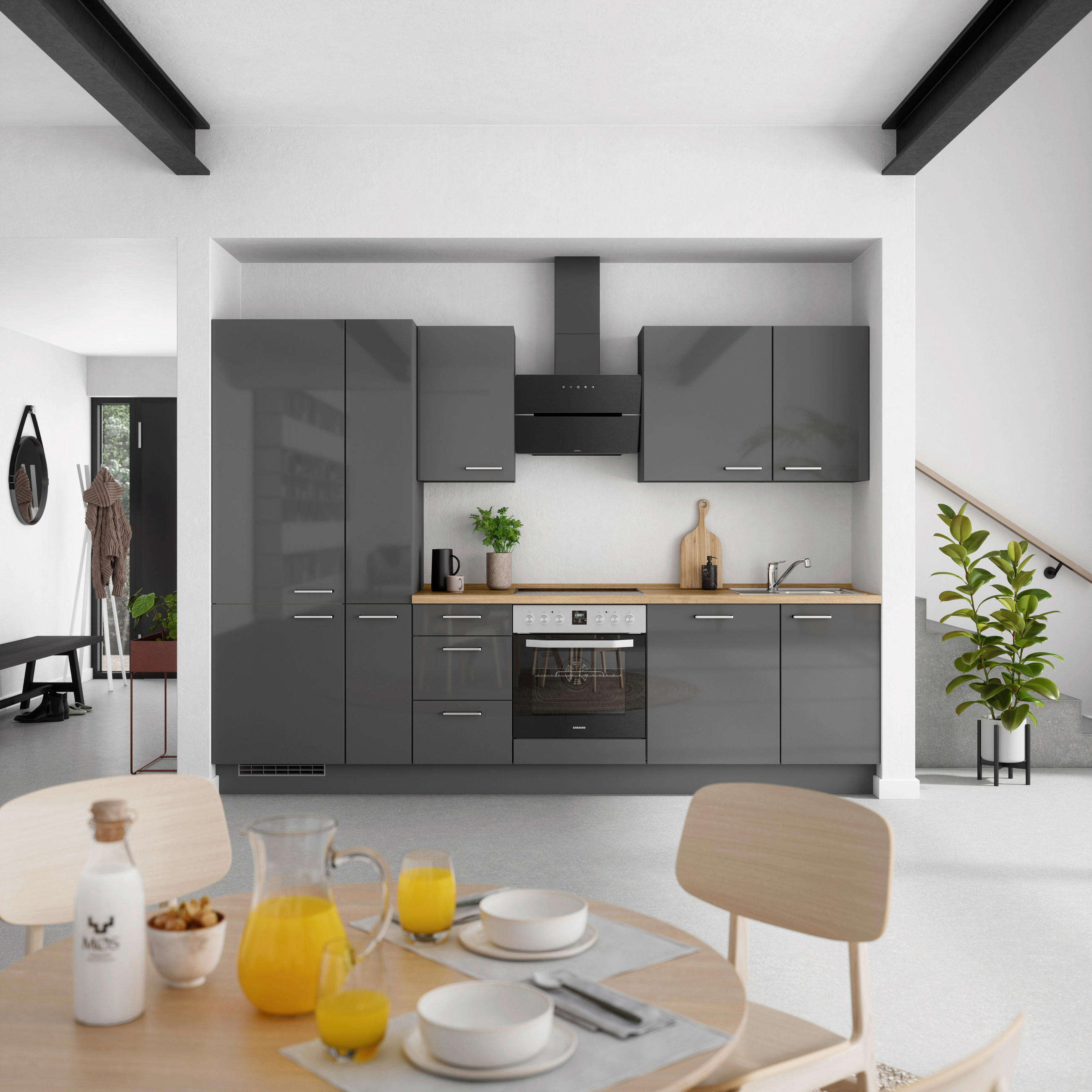 KÜCHENBLOCK Flash 300 cm  in Eichefarben, Schieferfarben  - Schieferfarben/Edelstahlfarben, MODERN, Holzwerkstoff/Metall (300cm) - Nobilia