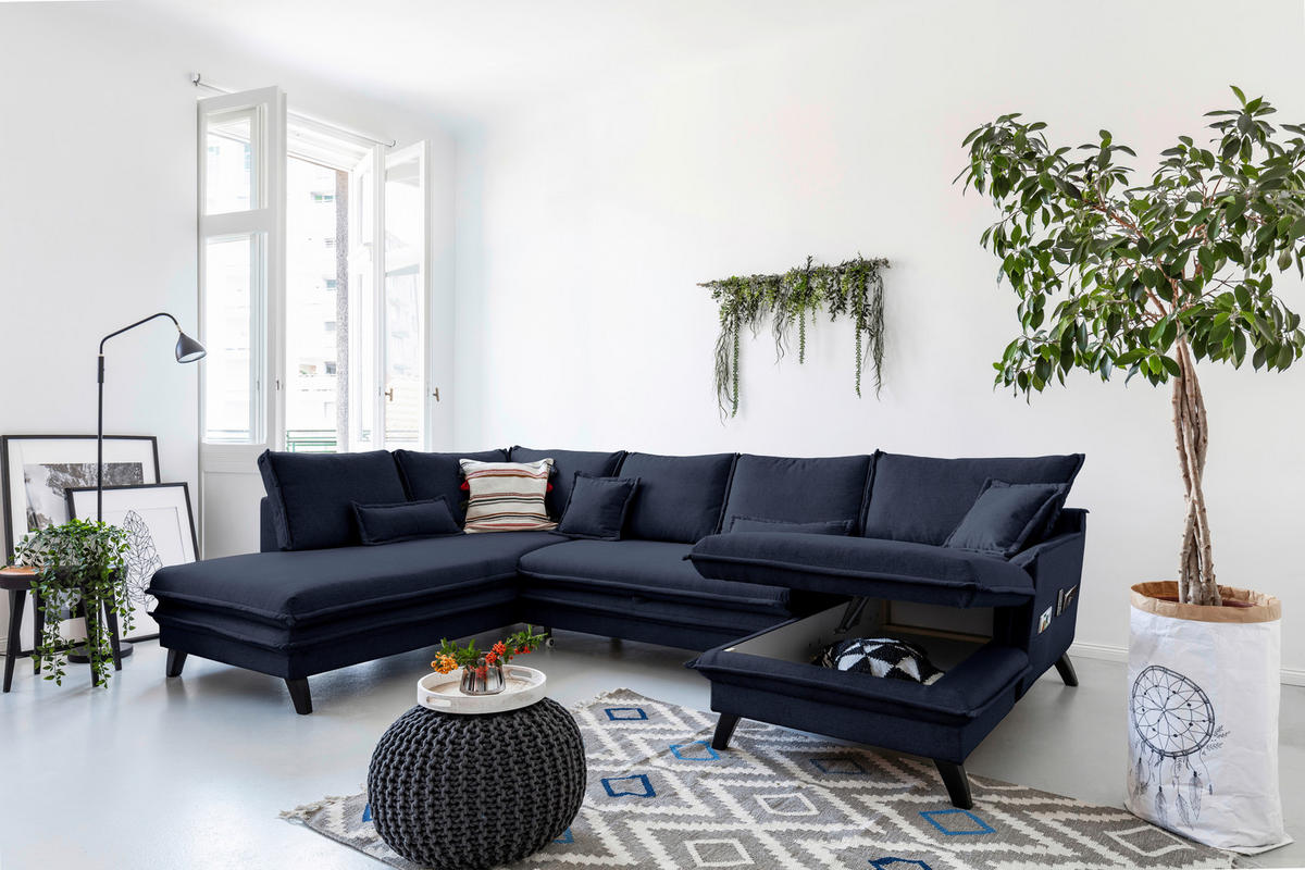 WOHNLANDSCHAFT in Mikrofaser Dunkelblau  - Schwarz/Dunkelblau, Design, Holz/Textil (200/300/150cm) - P & B