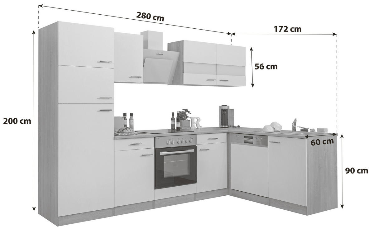 ECKKÜCHE 280/172 cm  in Weiß  - Edelstahlfarben/Eichefarben, Basics, Holzwerkstoff/Metall (280/172cm) - Respekta