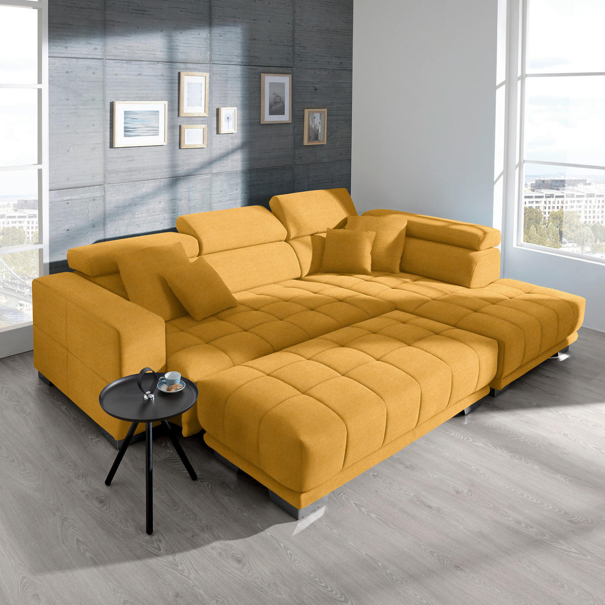 ECKSOFA in Mikrofaser Dunkelgelb  301/207 cm  - Chromfarben/Dunkelgelb, Design, Textil/Metall (301/207cm) - Xora