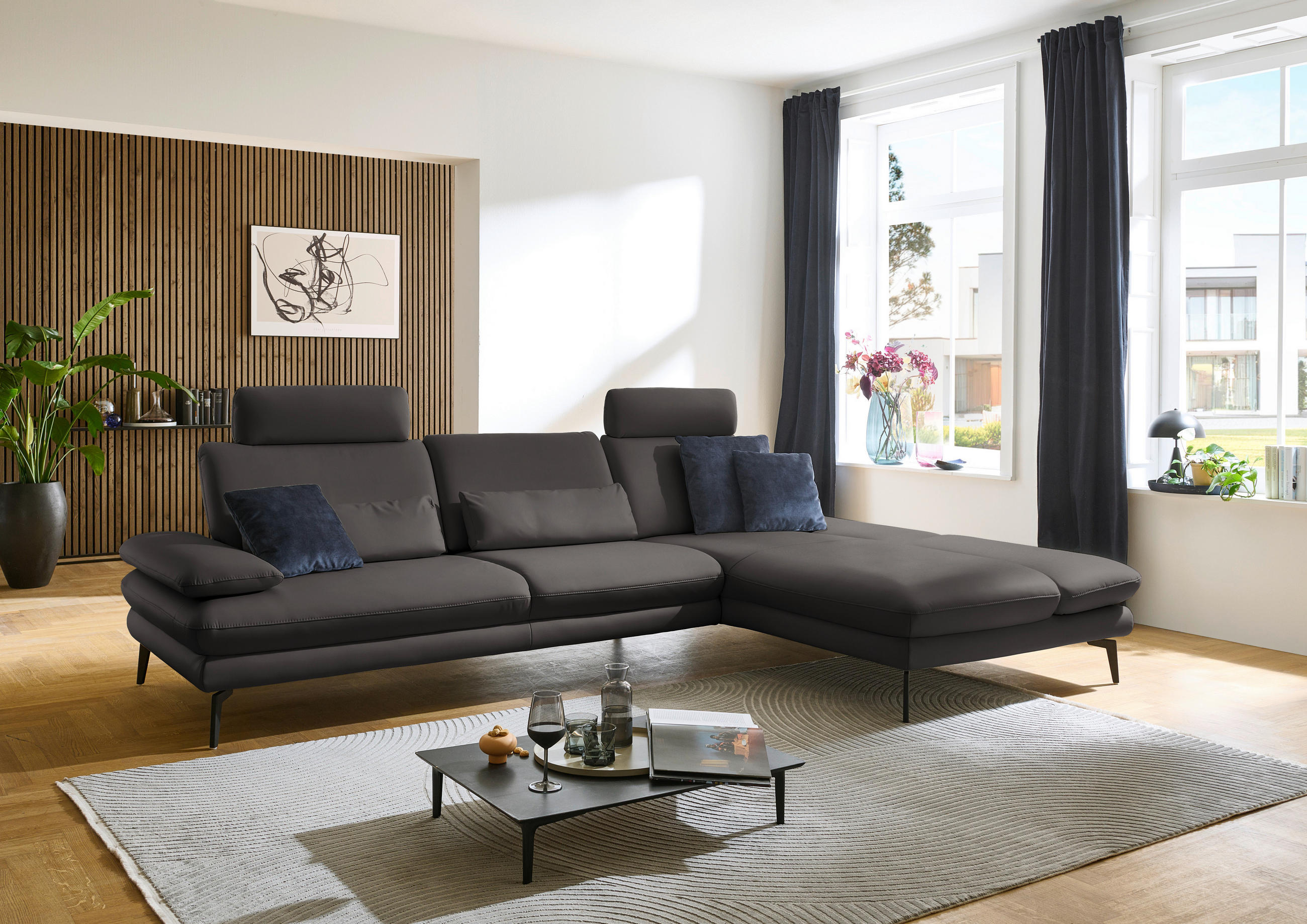 ECKSOFA in Echtleder Grau  - Schwarz/Grau, Design, Leder/Metall (308/195cm) - Dieter Knoll