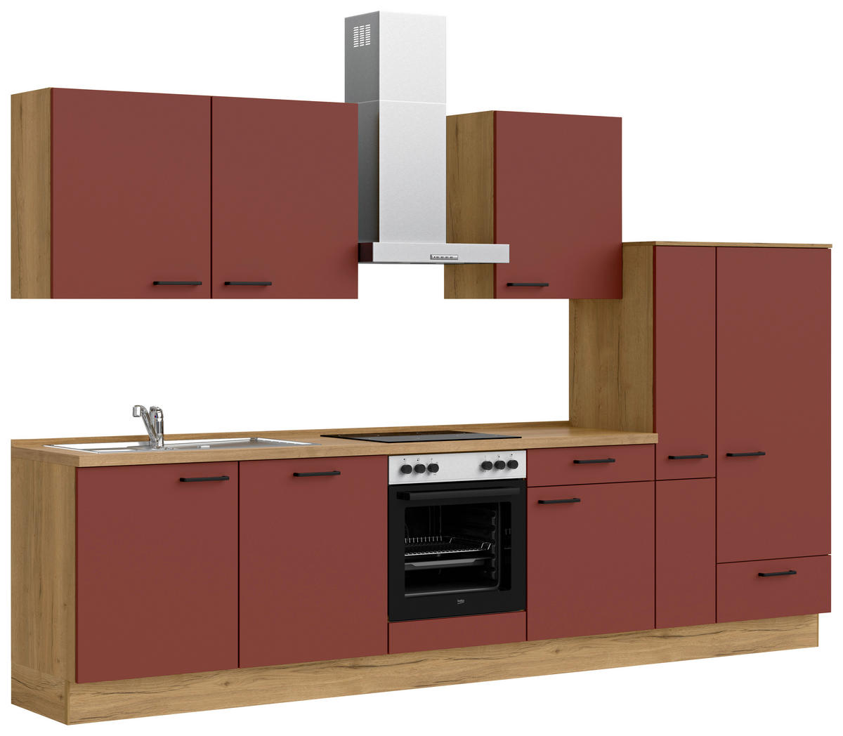 KÜCHENBLOCK Easytouch 330 cm  in Eichefarben, Dunkelrot  - Eichefarben/Schwarz, MODERN, Holzwerkstoff/Metall (330cm) - Nobilia