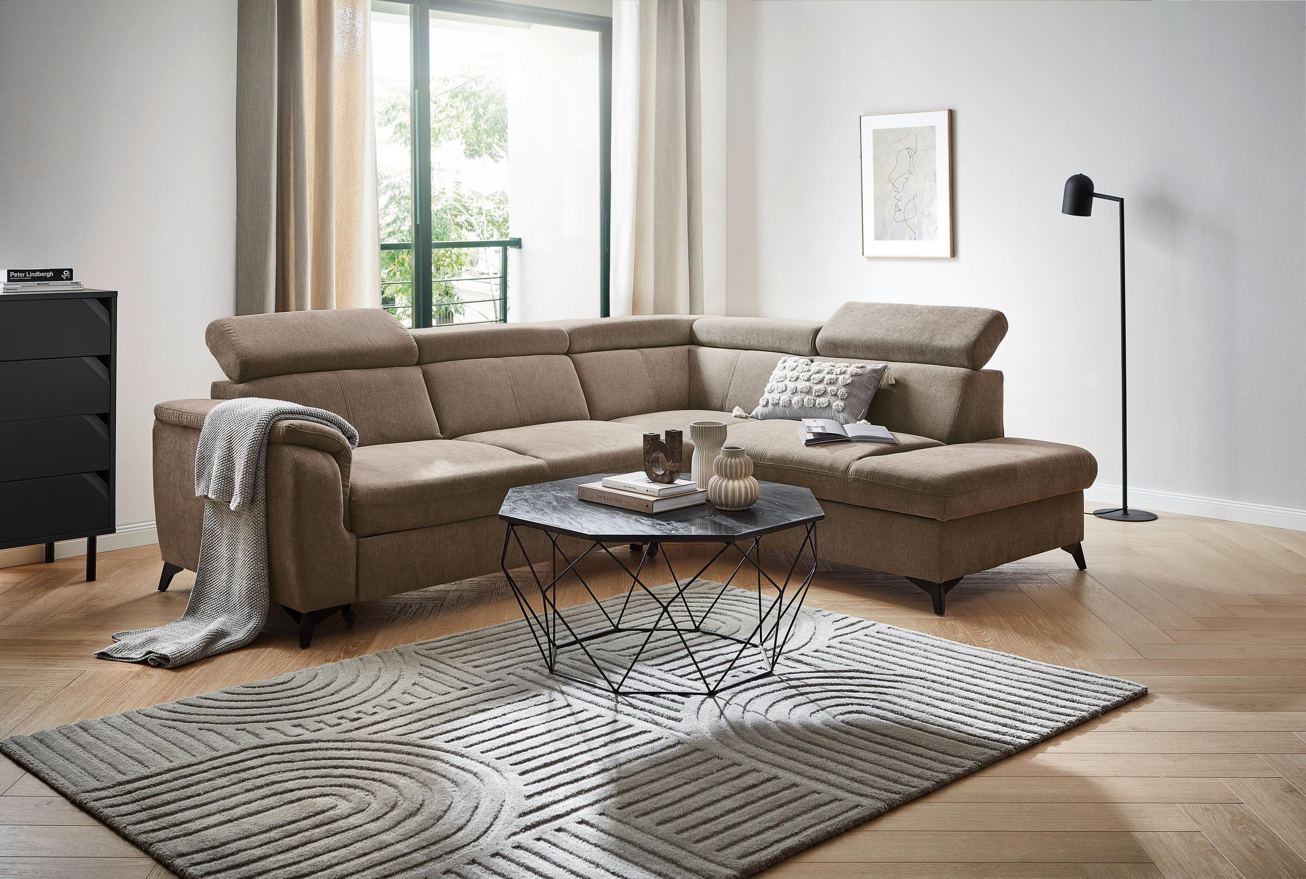 Ecksofa inkl. Funktionen in Chenille Braun, Schlammfarben  - Schlammfarben/Schwarz, Design, Textil/Metall (260/203cm) - Stylife