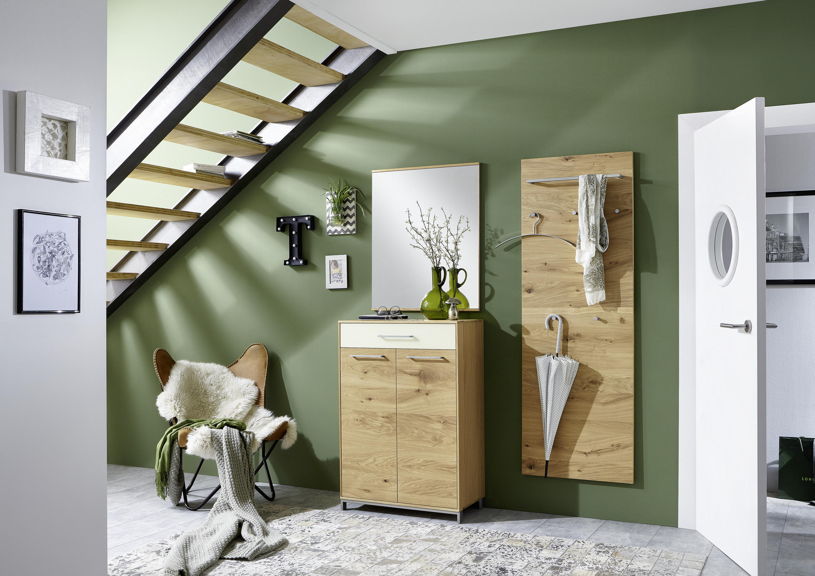 SCHUHSCHRANK Eiche, Balkeneiche furniert, teilmassiv Weiß, Eichefarben - Edelstahlfarben/Eichefarben, Basics, Glas/Holz (72/105/37cm)