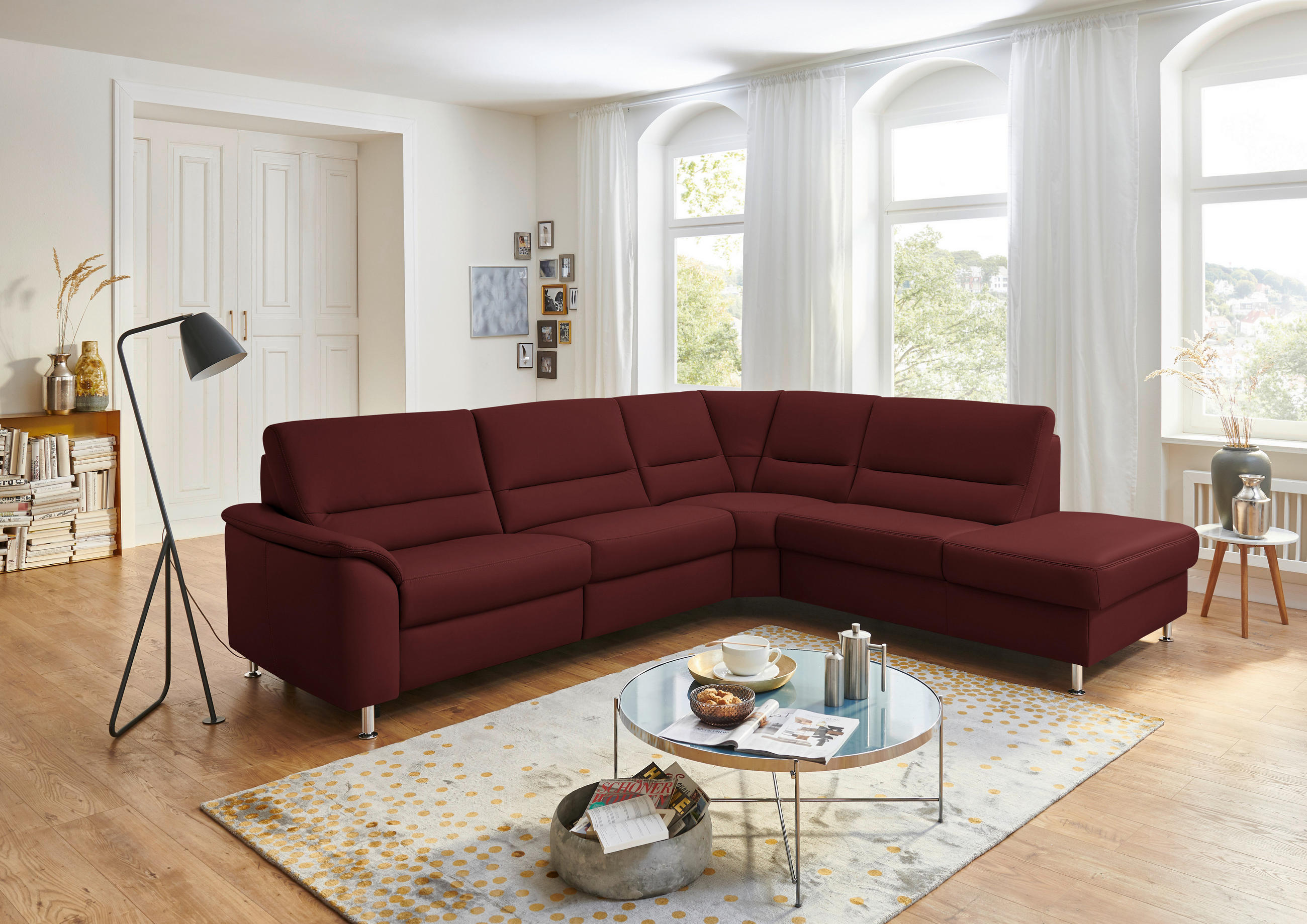 ECKSOFA in Echtleder Brombeere  - Brombeere/Alufarben, Konventionell, Leder/Metall (290/249cm) - Beldomo Premium