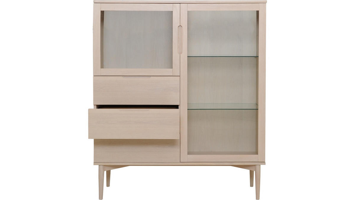 VITRINSKÅP  i faner, delar i massivt trä ek ekfärgad, vit  - vit/ekfärgad, Design, metall/glas (140/120/41cm) - Best Price