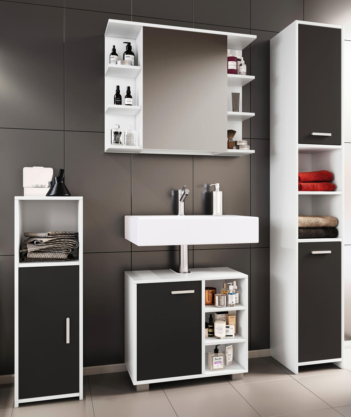 BADEZIMMER 4-teilig  in 120 cm  - Schwarz/Weiß, MODERN, Holzwerkstoff (120cm) - MID.YOU
