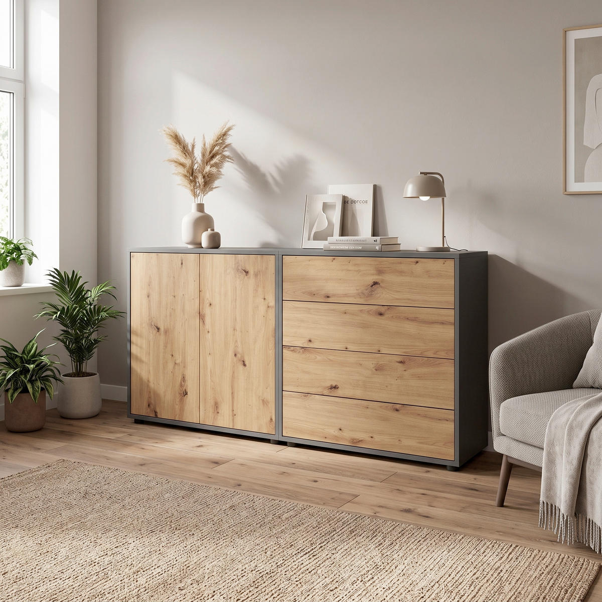 SIDEBOARD Mailand Set 3 158/73/33 cm 4 Schublade(n)  - Anthrazit/Schwarz, MODERN, Holzwerkstoff/Kunststoff (158/73/33cm) - MID.YOU