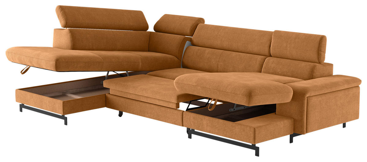 WOHNLANDSCHAFT in Chenille Cognac  - Cognac/Schwarz, Textil/Metall (215/328/165cm) - MID.YOU