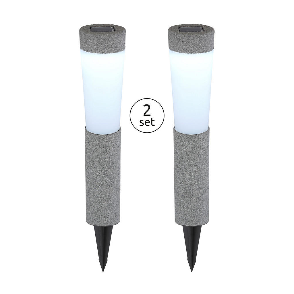 2 X Solarleuchte mit Erdspieß Rund Grau 2x Tageslichtweiß