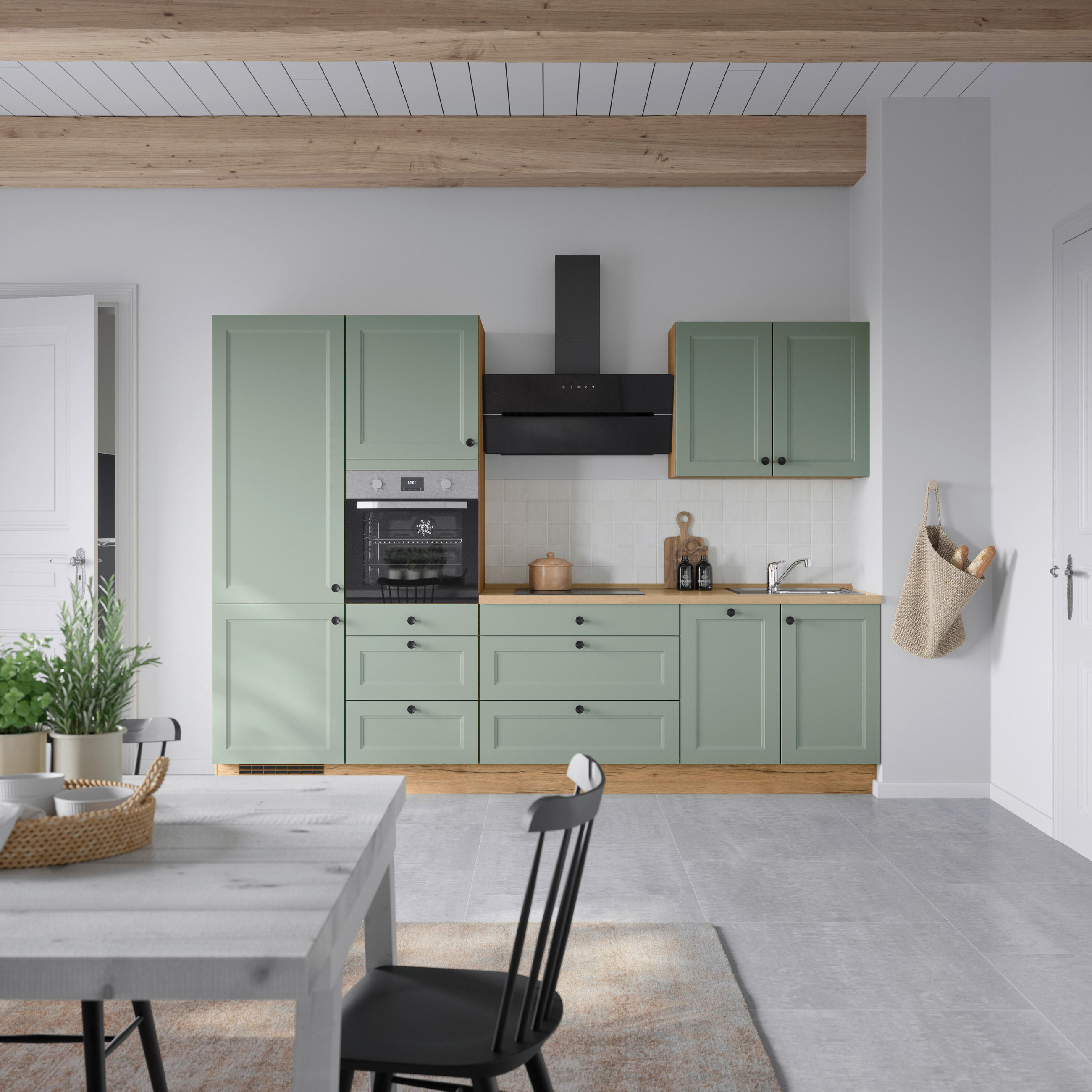 KÜCHENBLOCK 300 cm   in Eichefarben, Schilfgrün  - Schilfgrün/Eichefarben, MODERN, Holzwerkstoff/Metall (300cm) - Nobilia