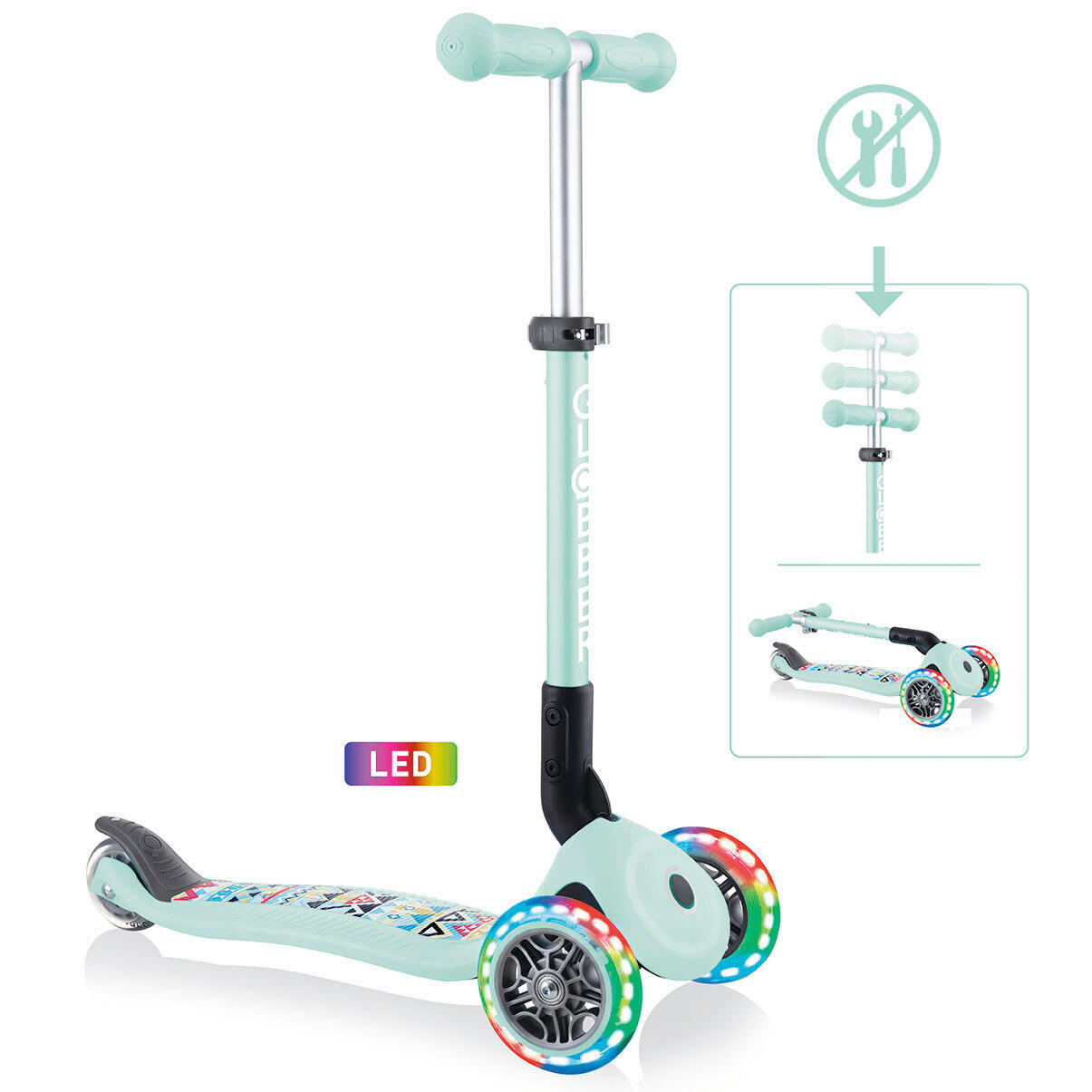 KINDERSCOOTER JUNIOR FOLDABLE FANTASY LIGHTS - Hellgrün, LIFESTYLE, Kunststoff (56/28,6/68cm) - GLOBBER
