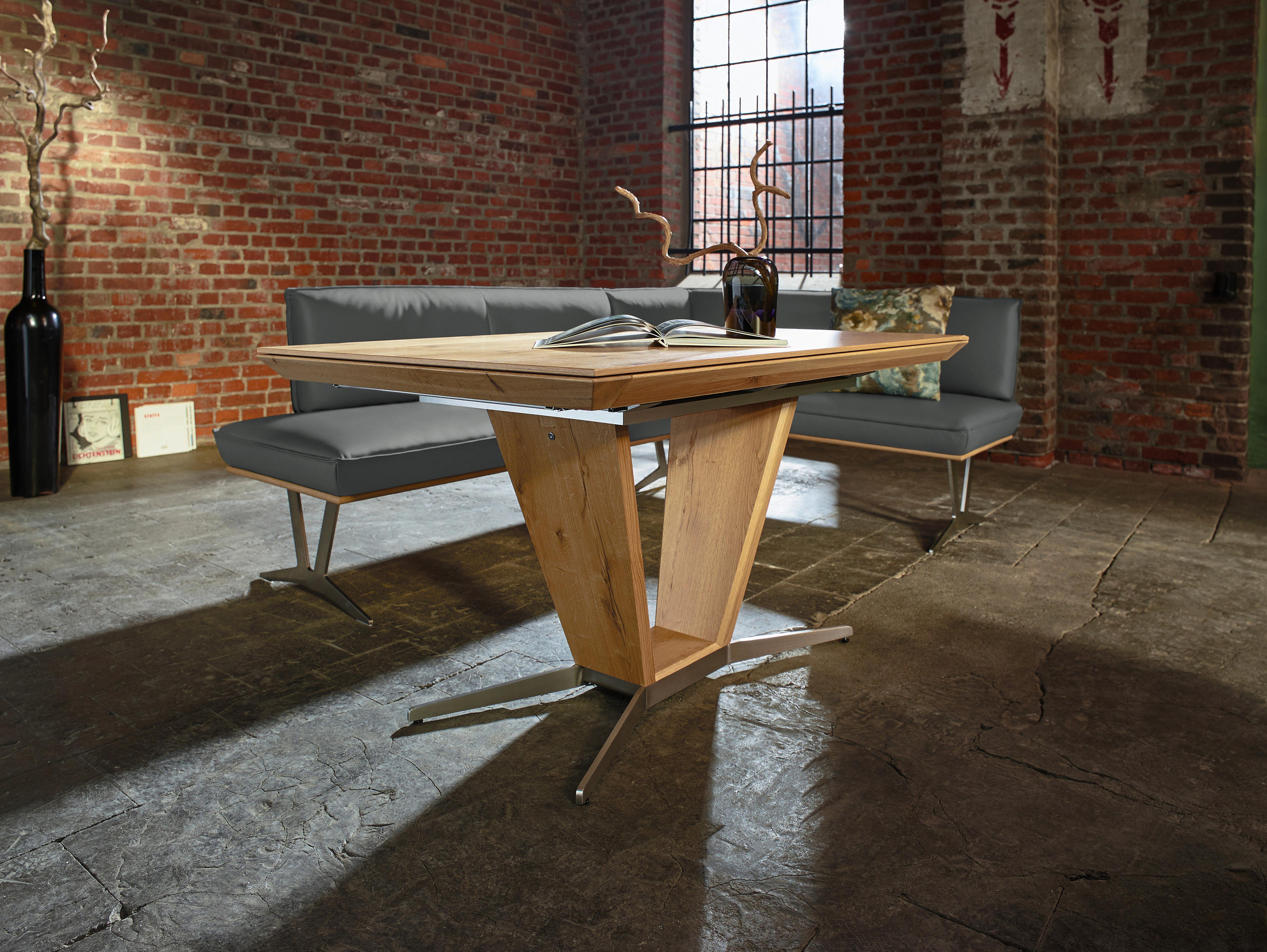 ECKBANK 237/162 cm  in Dunkelgrau  - Edelstahlfarben/Dunkelgrau, Design, Leder/Holz (237/162cm) - Ambiente
