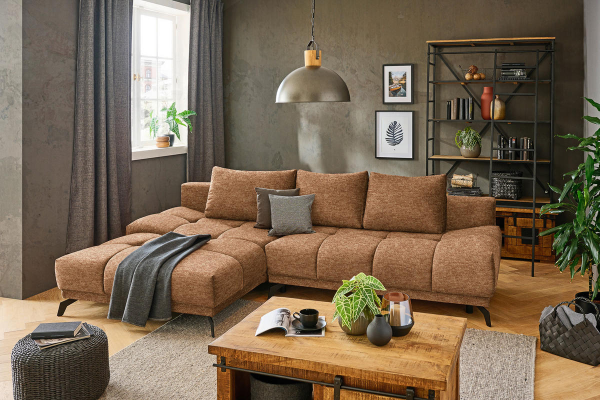 ECKSOFA in Chenille Goldfarben  - Goldfarben/Schwarz, Modern, Textil/Metall (182/290cm) - Hom`in