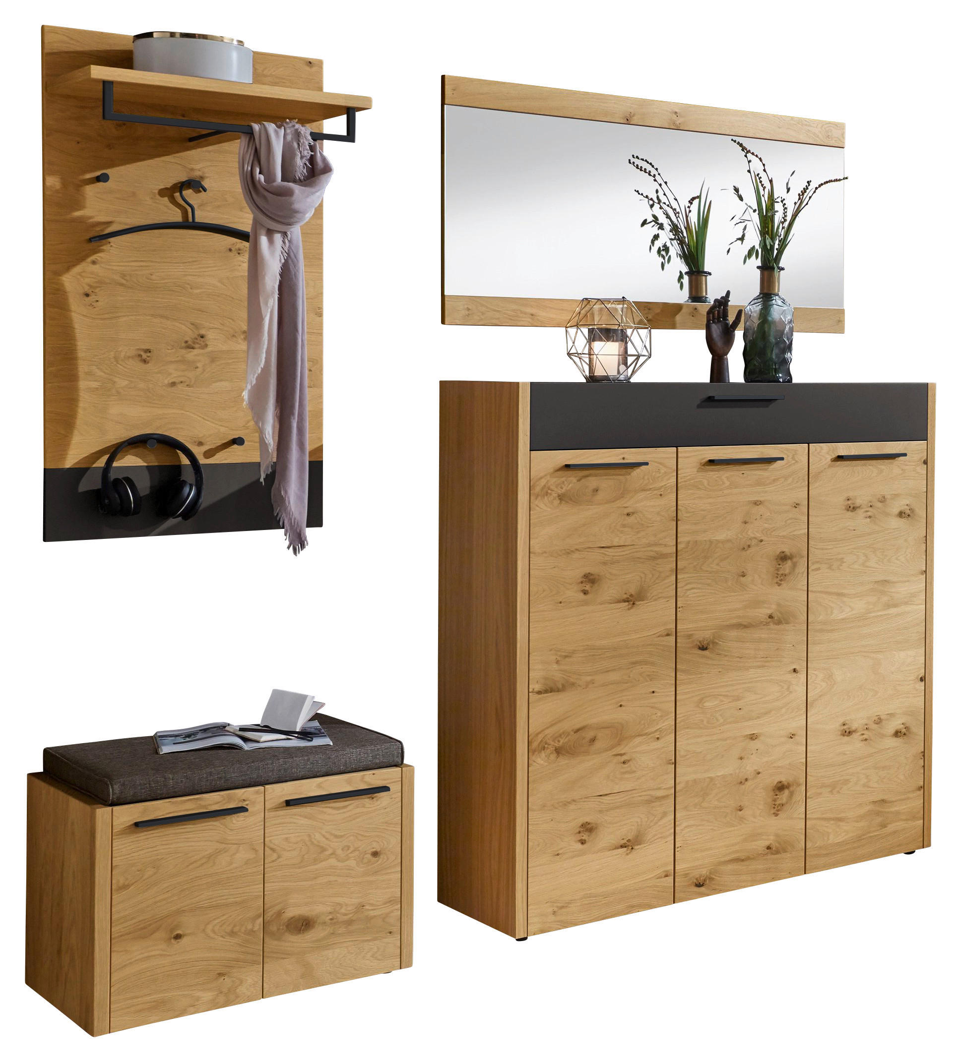 GARDEROBE 5-teilig  in 205/195/41 cm  - Eichefarben/Schwarz, Design, Glas/Holz (205/195/41cm)