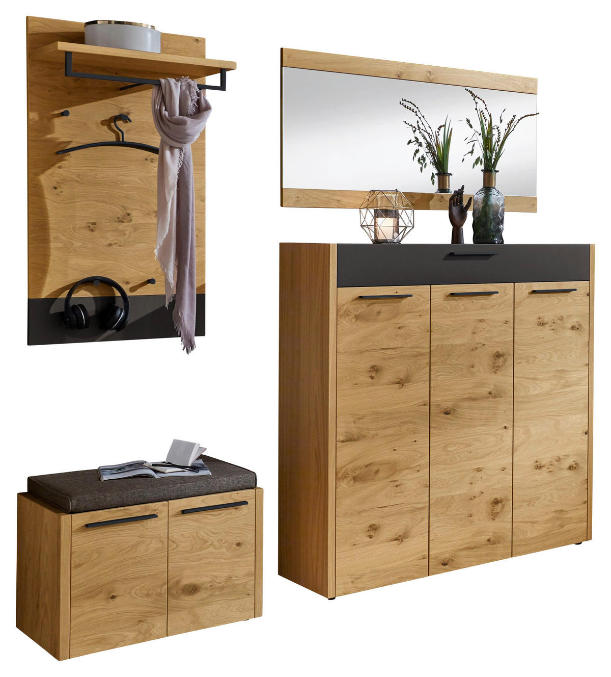 GARDEROBE 5-teilig  in 205/195/41 cm  - Eichefarben/Schwarz, Design, Glas/Holz (205/195/41cm)