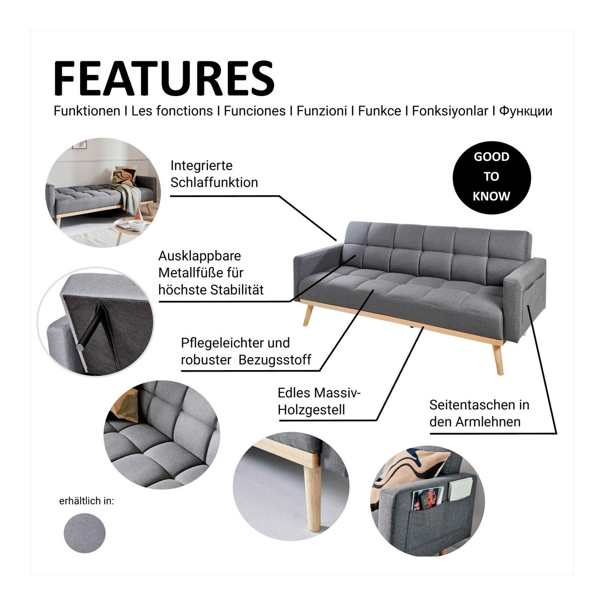 SCHLAFSOFA Webstoff Grau  - Eichefarben/Grau, MODERN, Holz/Textil (213/83/83cm) - Livetastic