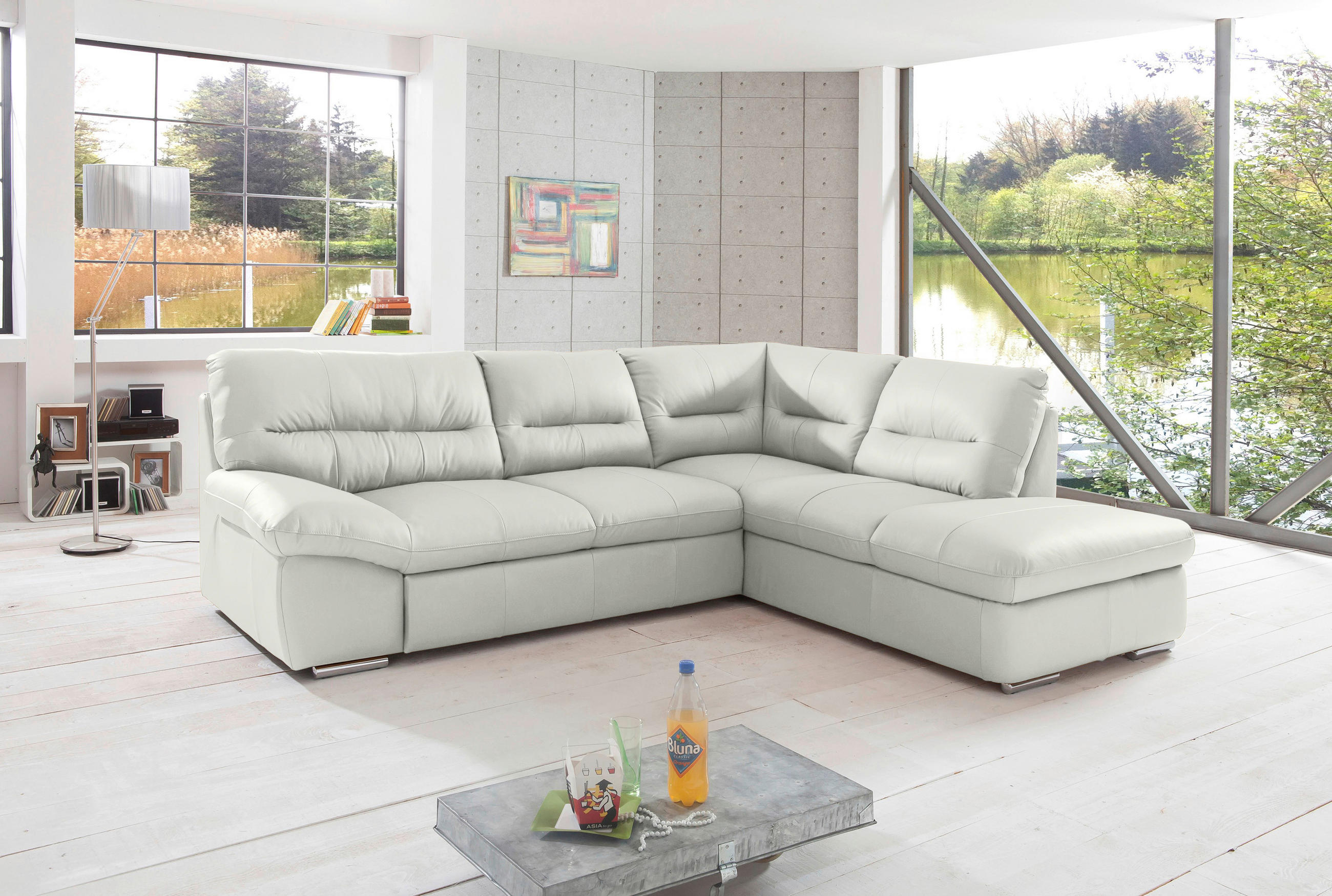 ECKSOFA in Echtleder Beige  - Chromfarben/Beige, Design, Leder/Metall (268/216cm) - Livetastic