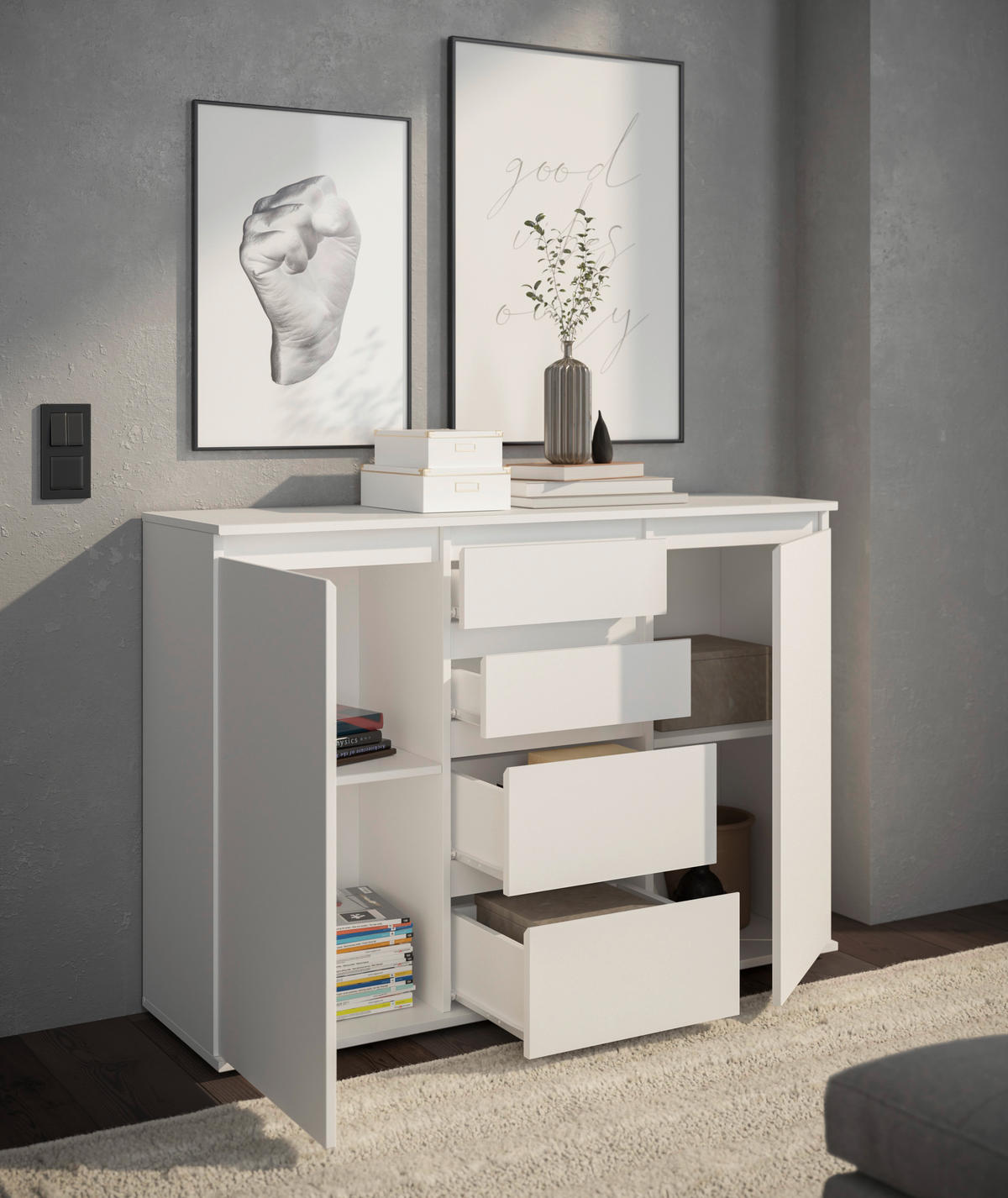 KOMMODE Brest, 119/84/35 cm, 4 Schublade(n)  - Weiß/Grau, Design, Holzwerkstoff/Kunststoff (119/84/35cm) - Boxxx