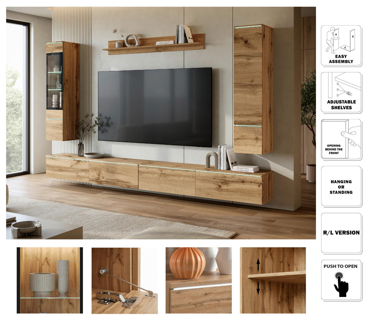 WOHNWAND 5-teilig  in Eiche Wotan  300/162/33 cm  - Eiche Wotan/Grau, Basics, Glas/Holzwerkstoff (300/162/33cm) - P & B