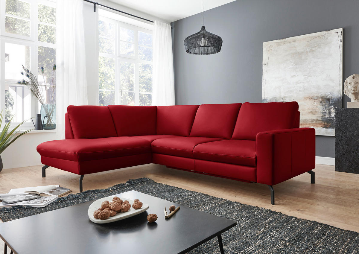 ECKSOFA Beldomo Premium in Echtleder Rot  194/250 cm  - Rot/Schwarz, Design, Leder/Metall (194/250cm) - Beldomo Premium