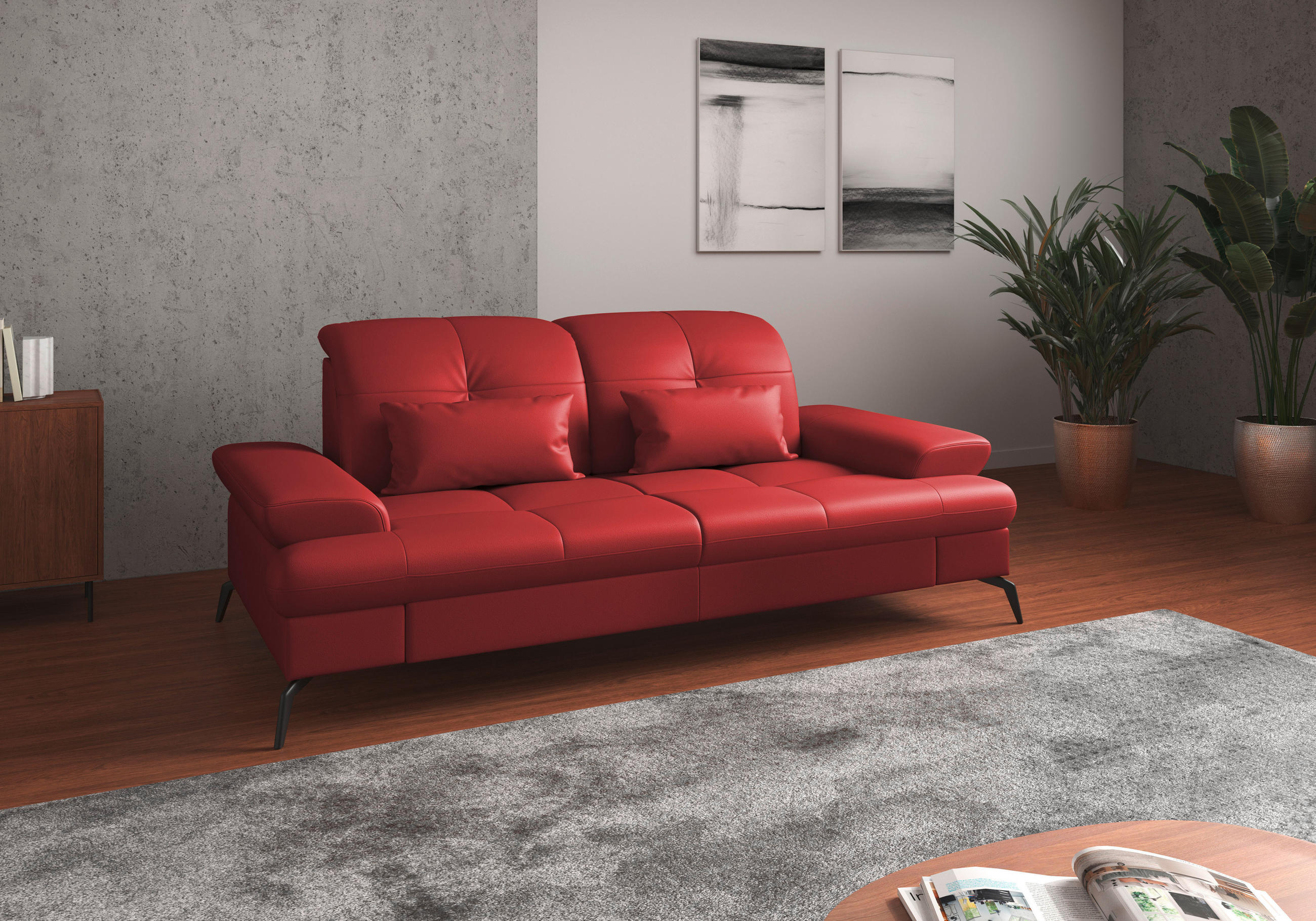 3-SITZER-SOFA Echtleder Rot  - Rot/Schwarz, KONVENTIONELL, Leder/Metall (212/90/122cm) - Sit & More