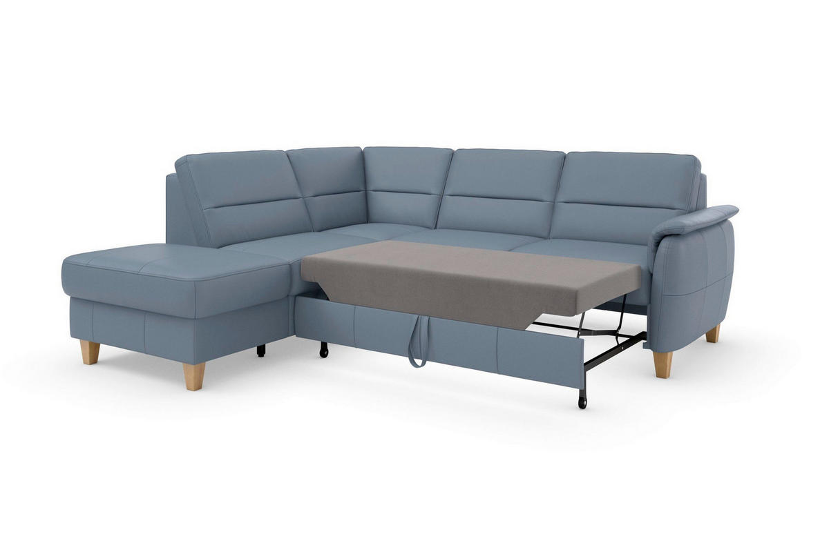 ECKSOFA PALMERA E Graublau Kombination Echtleder/Stoff Mikrofaser Stauraum  - Graublau/Eichefarben, Basics, Leder/Holz (212/236cm) - Sit & More