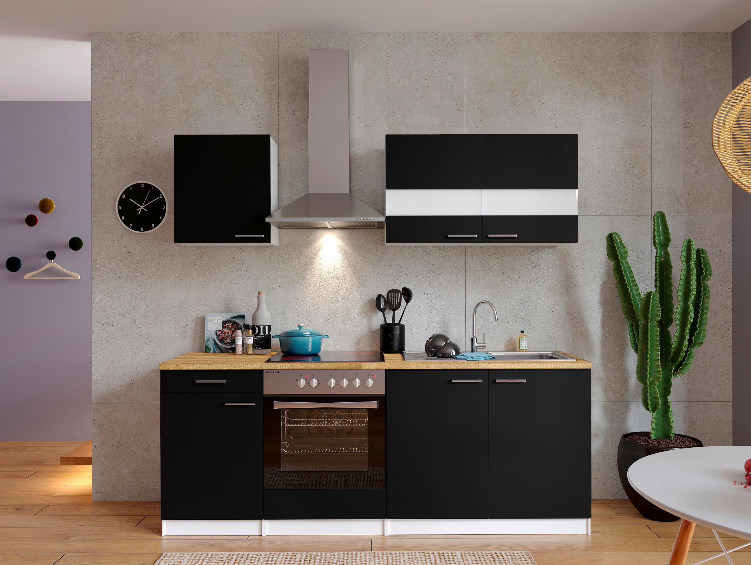 KÜCHENBLOCK 210 cm   in Schwarz  - Edelstahlfarben/Nussbaumfarben, Basics, Holzwerkstoff/Metall (210cm) - Respekta