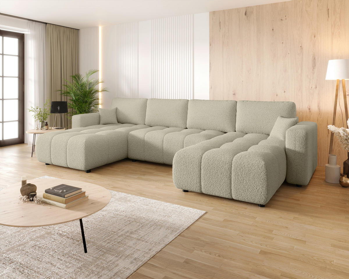 WOHNLANDSCHAFT Beige Bouclé  - Beige/Schwarz, MODERN, Kunststoff/Textil (190/380/190cm) - Carryhome