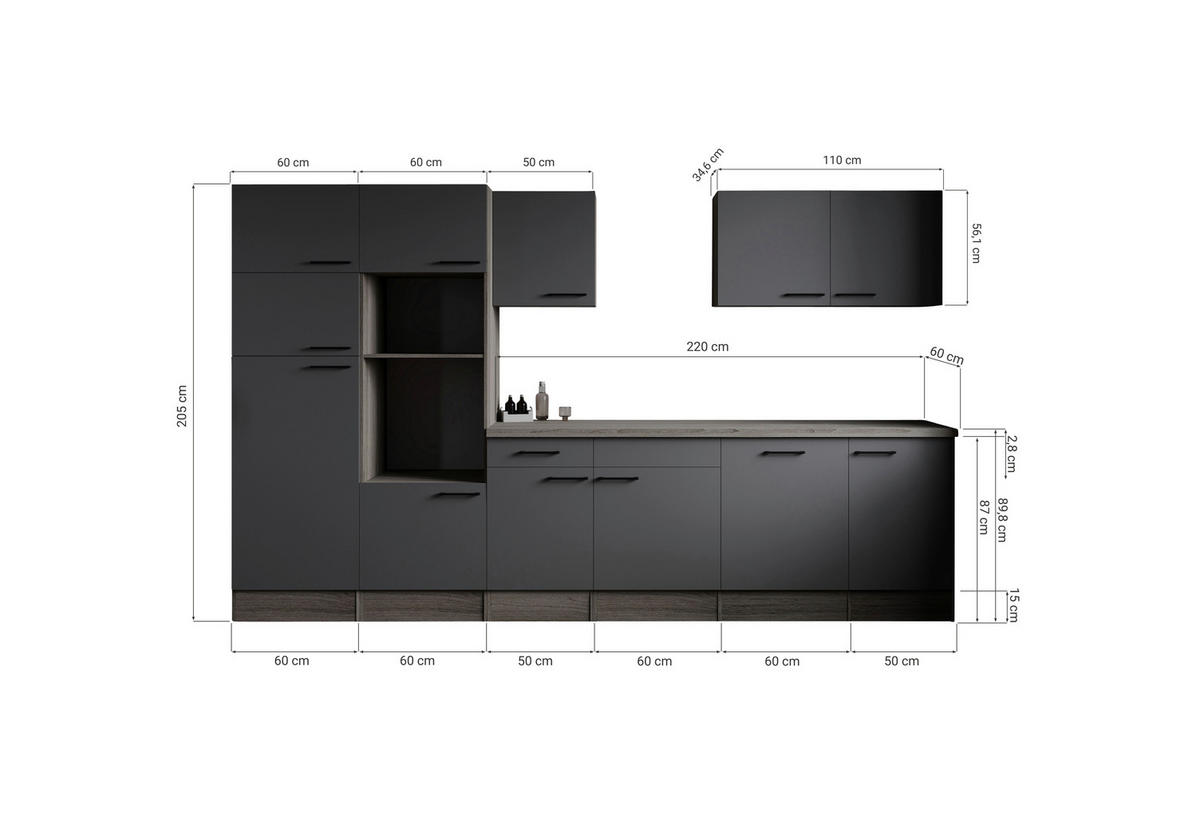 MODULKÖK UTAN VITVAROR 340 cm   i grå, ekfärgad  - svart/grå, Design, metall/trämaterial (340cm) - Respekta