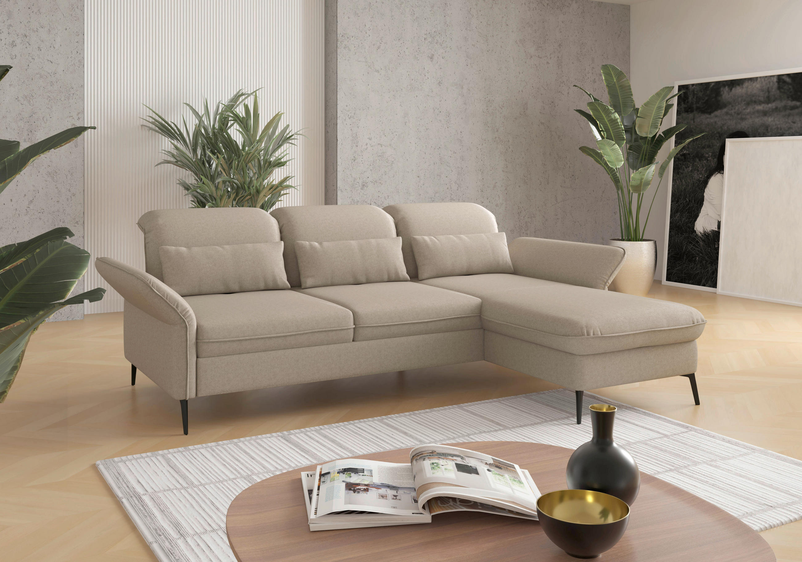ECKSOFA Taupe Flachgewebe Sitztiefenverstellung  - Taupe/Schwarz, KONVENTIONELL, Textil/Metall (264/198cm) - Sit & More