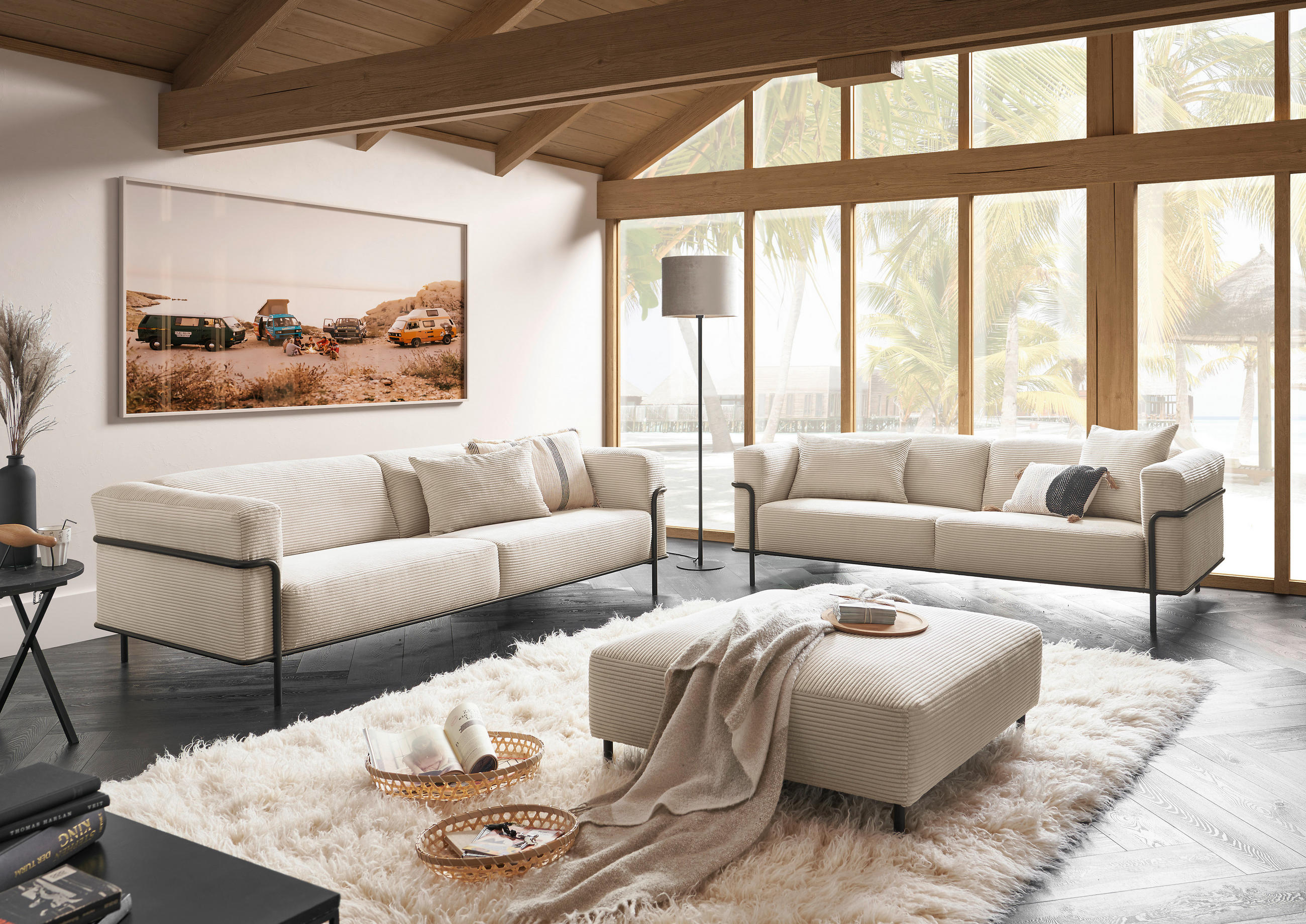 HOCKER Kord Naturfarben - Schwarz/Naturfarben, Design, Textil/Metall (100/67/100cm) - Johann Jakob