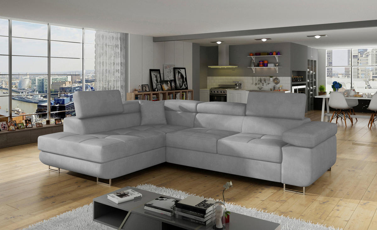 ECKSOFA ANTON Grau Flachgewebe Zierkissen, Bettkasten, Kopfteilverstellung  - Silberfarben/Grau, Design, Textil/Metall (203/272cm) - MID.YOU