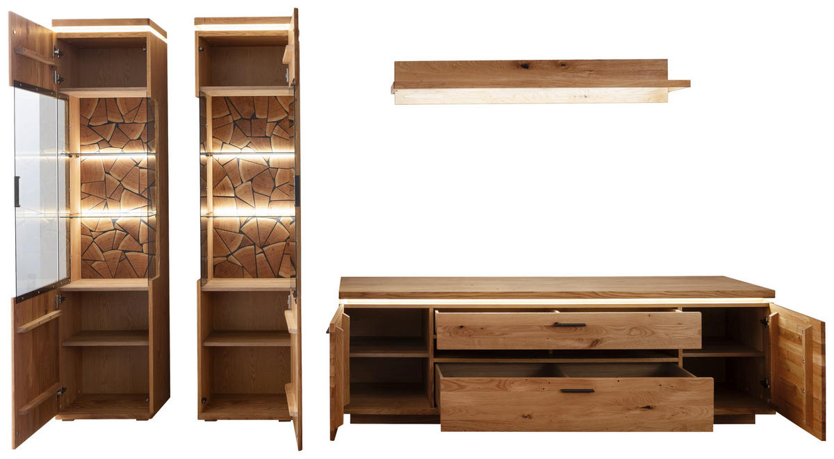 WOHNWAND 4-teilig  Eichefarben 340/204/50 cm  LED-Leuchtmittel   - Eichefarben/Schwarz, Natur, Glas/Holz (340/204/50cm) - Linea Natura