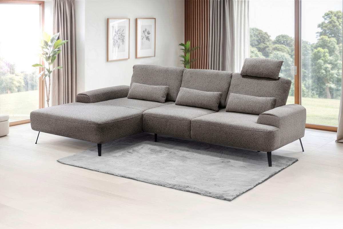 ECKSOFA in Flachgewebe Graubraun  - Graubraun/Schwarz, Design, Textil/Metall (178/305cm) - Livetastic