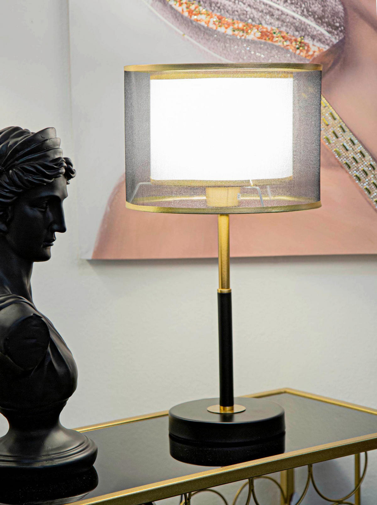 TISCHLEUCHTE   - Goldfarben/Schwarz, Basics, Textil/Metall (25/48/25cm)